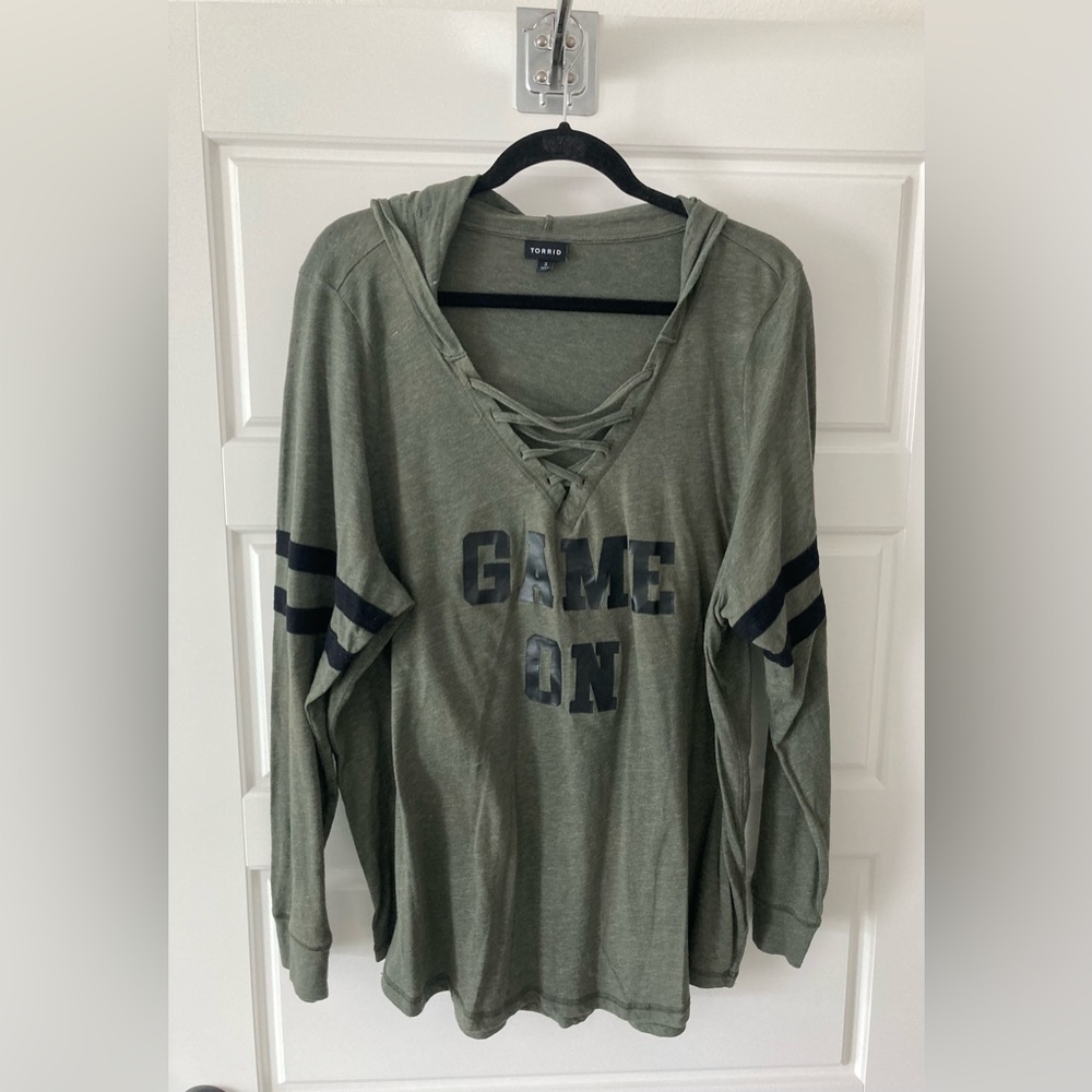 Torrid Game On Olive Green Strappy Football Hoodie Sz 3X - Picture 8 of 8